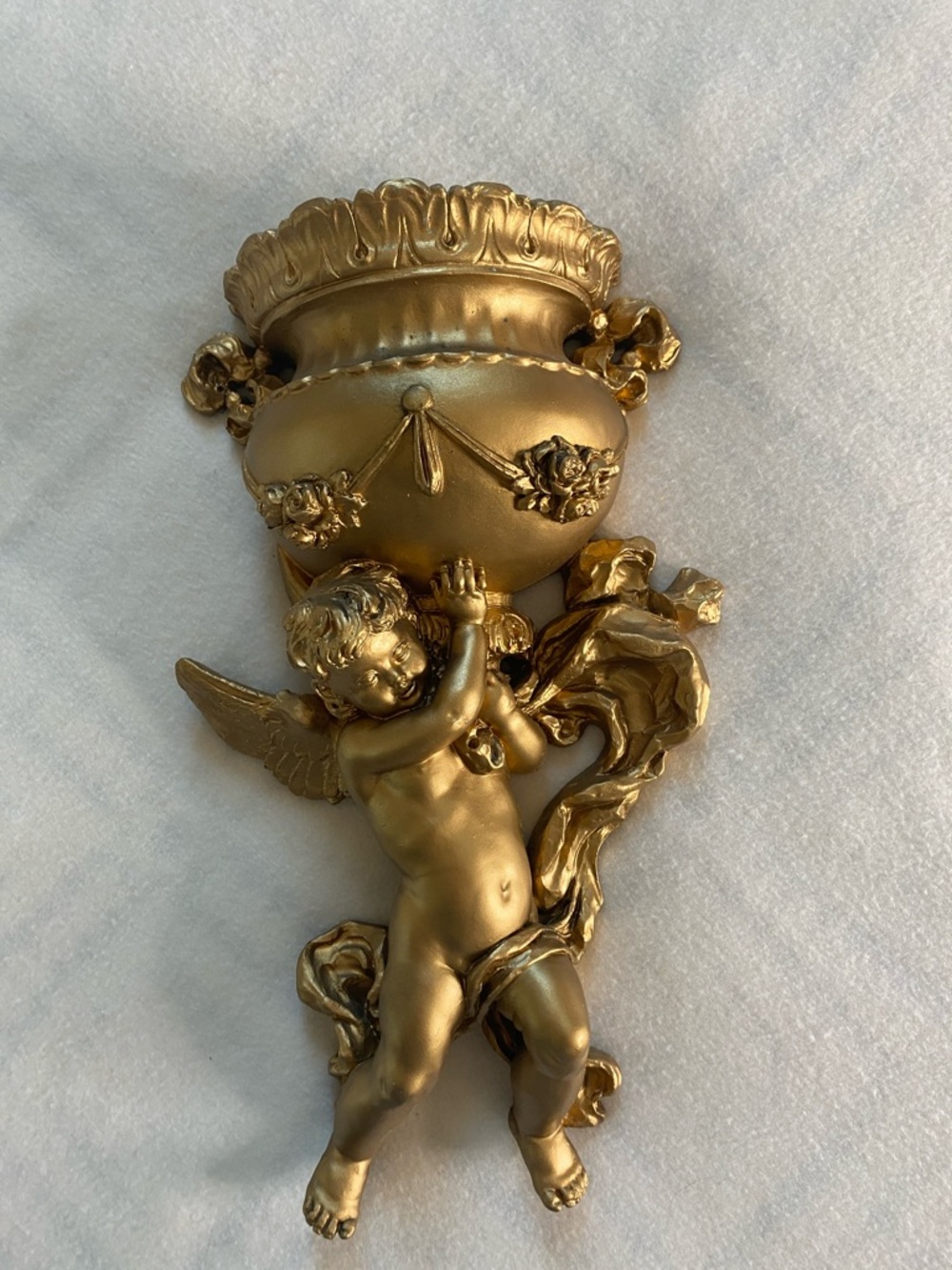 Vintage 15" Angel Cherub Detailed Victorian Gold Wall Pocket Hollywood regency